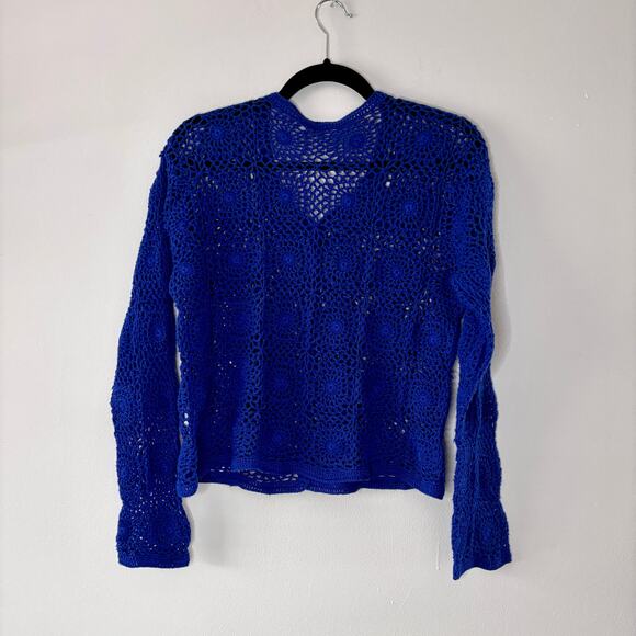 Vintage 1990s Royal Blue Crochet Sweater Haband! Size Large Cotton Blend - Picture 6 of 11